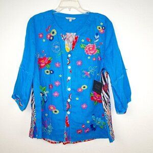 John Mark Embroidered Linen Tunic Top Women's Petite Size PXL Blue Boho Floral
